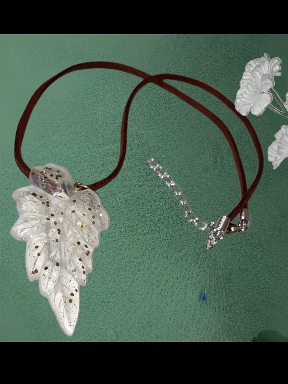 Hand Crafted Necklace Leaf Gold on Brown Faux Suede Cord Adjustable Silver